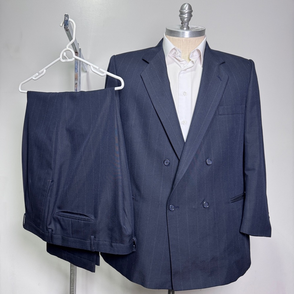 Christian Brooks Suit Mens 46R 42x29 Navy Blue Pinstripe Double Breasted Vintage